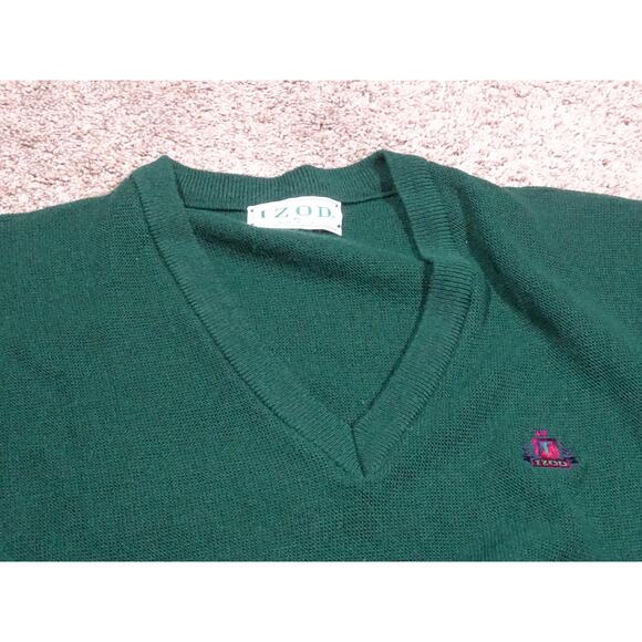 Vintage Classic Preppy Izod V-Neck Sweater Forest Green Made in USA XL Acrylic - Picture 2 of 7